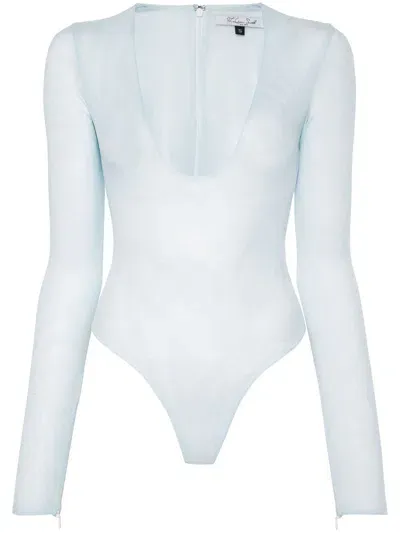 Laquan Smith Scoop-neck Mesh Bodysuit In Blue