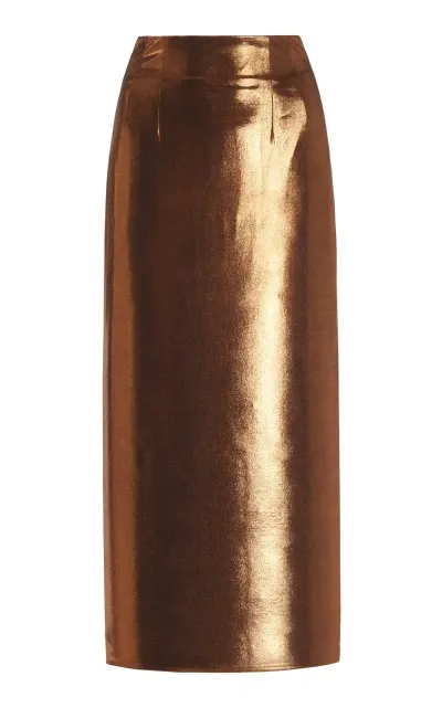 Laquan Smith High-rise Metallic Midi Skirt In Bronze