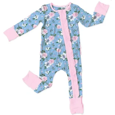 Laree + Co Babies'  Lillian Floral Ruffle Convertible Zip Footie In Blue