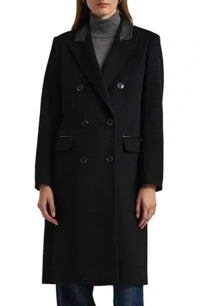 Lauren Ralph Lauren Faux Leather Trim Double Breasted Wool Blend Reefer Coat In Black