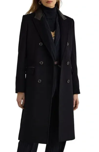 Lauren Ralph Lauren Faux Leather Trim Double Breasted Wool Blend Reefer Coat In Regal Navy