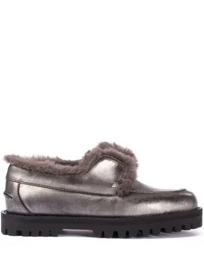 Le Silla Yacht Shearling-trim Leather Loafers In Grey