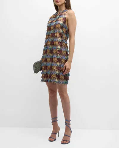 Lela Rose Metallic Zigzag Fringe Sleeveless Tunic Dress In Multi