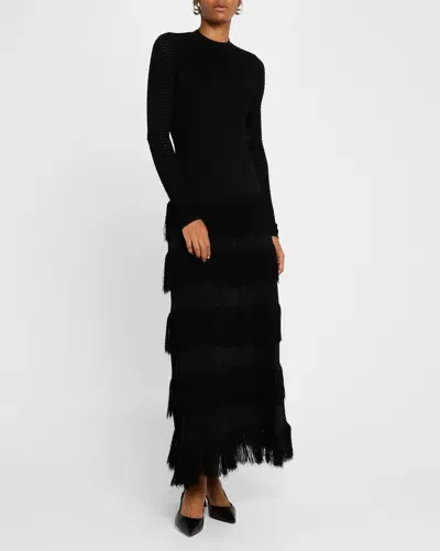 Lela Rose Piper Tiered Fringe Pointelle-knit Maxi Dress In Black