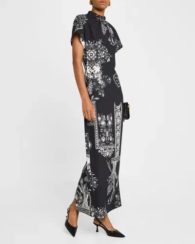 Lela Rose Stella Printed Short-sleeve Maxi Dress In Black