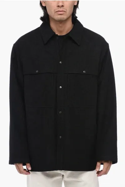 Lemaire Wool And Cotton Overshirt With Double Breast Pocket In Black