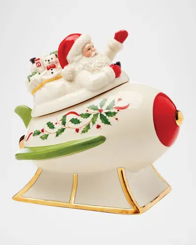 Lenox Holiday Figural Santa's Rocket Covered Candy Dish In White