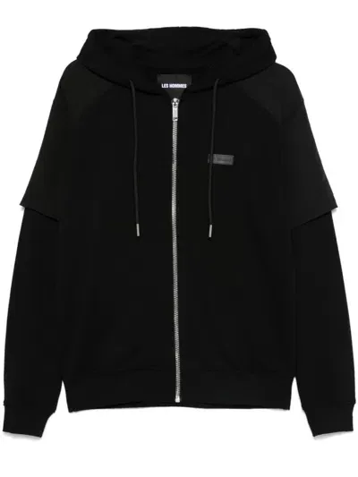 Les Hommes Zip Double Layer Hoodie In Black