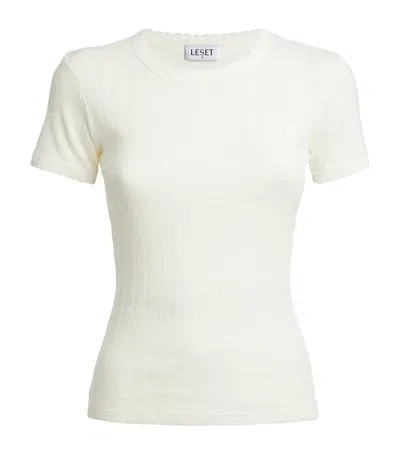 Leset Rib-knit Pointelle T-shirt In White