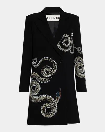 Libertine Reptillian Double-breasted Long Coat In Black