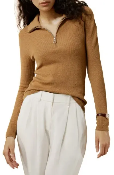 Lilysilk Gaia Ribbed Half Zip Ultra-fine Merino Wool Sweater In Camel