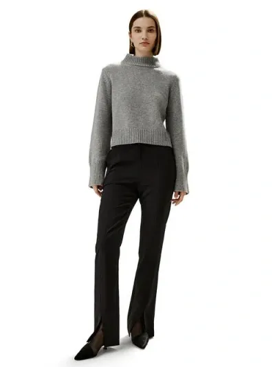 Lilysilk Ribbed Collar And Hemline Wool Cashmere Sweater In Grey