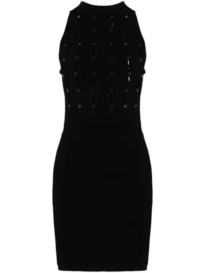 Liu •jo Rhinestone-embellished Knitted Mini Dress In Black