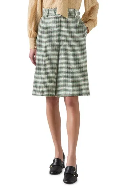 Lk Bennett Daphne Belted Houndstooth Wool Bermuda Shorts In Mul-green/cream