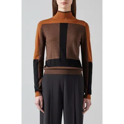 Lk Bennett Selma Colorblock Merino Wool Blend Mock Neck Sweater In Mul-brown