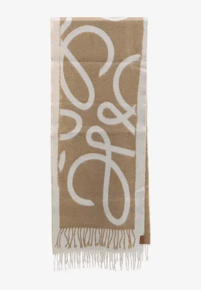 Loewe Anagram Jacquard Wool-blend Scarf In Beige