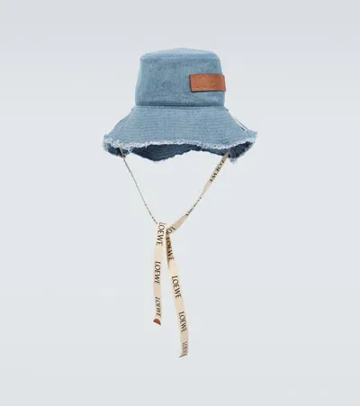 Loewe Logo Distressed Denim Bucket Hat In Blue