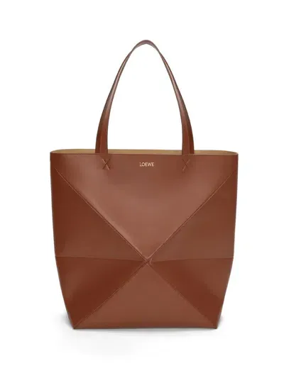 Loewe Xl Puzzle Fold Tote In Shiny Calfskin In Brown