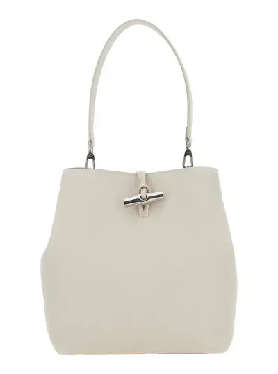 Longchamp Le Roseau White Shoulder Bag With T-bar Closure In Hammered Leather Woman