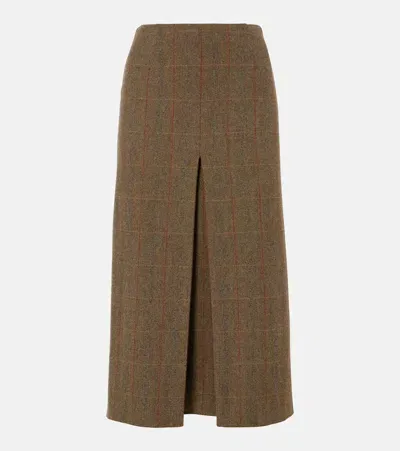 Loro Piana Checked Wool And Cashmere Midi Skirt In Tundra Green Ov