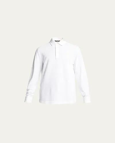 Loro Piana Men's Long-sleeve Pique Polo Shirt In White