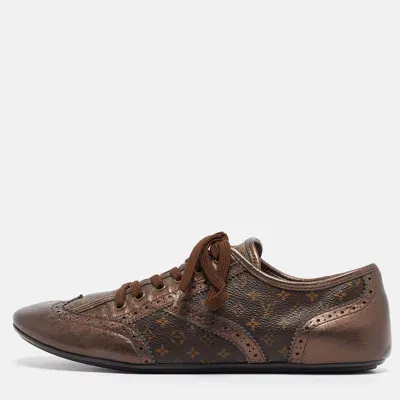 Pre-owned Louis Vuitton Metallic Bronze Monogram Leather And Canvas Lace Up Sneakers Size 39