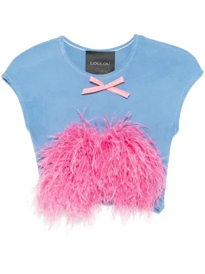 Loulou Feather-detail T-shirt In Blue