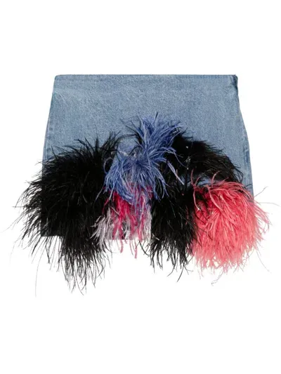 Loulou Feather-trim Denim Mini Skirt In Blue