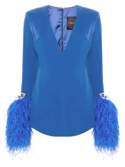 Loulou Feather-trim Mini Dress In Blue