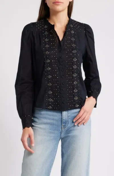 Loveshackfancy Mildrene Embellished Button-up Shirt In Black