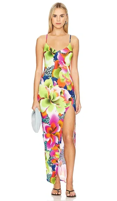 Luli Fama Tropical Illusions Fitted Side Slit Maxi Dress In 混蓝色