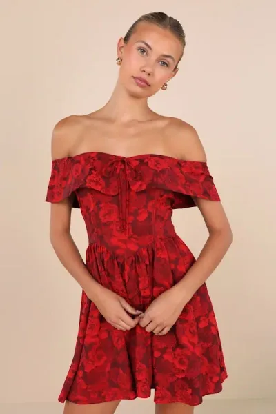 Lulus Enviable Charm Red Floral Jacquard Off-the-shoulder Mini Dress