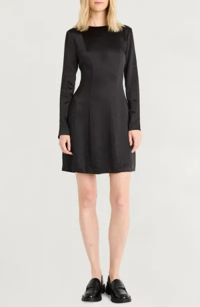 Luxely Long Sleeve High-low Satin Midi Dress In Black