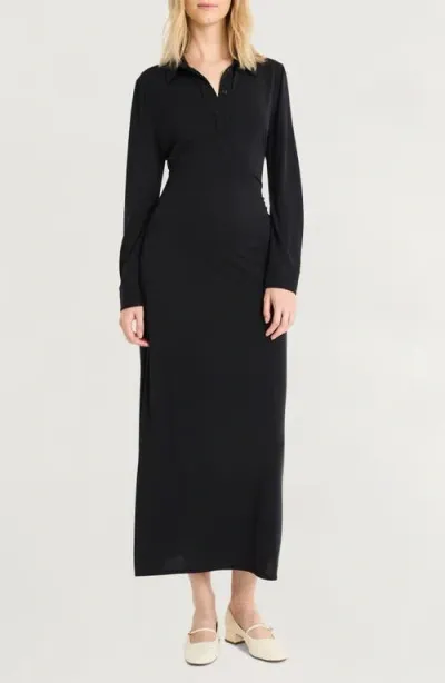 Luxely Long Sleeve Jersey Polo Dress In Black