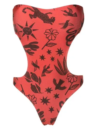 Lygia & Nanny Taylor Cut-out Printed Swimsuit In Brown