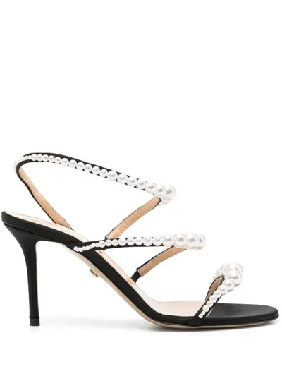 Mach & Mach Sirene Pearly Stud Satin Strappy Sandals In Black