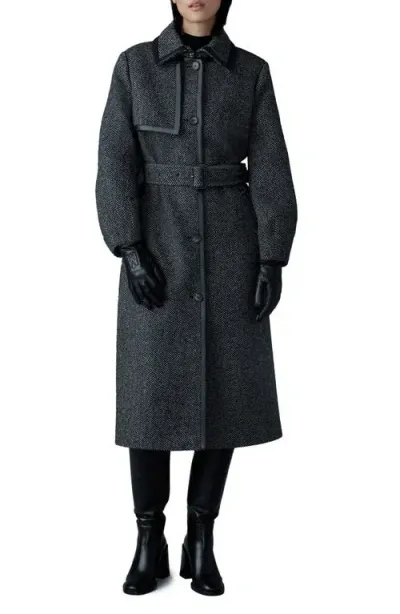 Mackage Zeva Wool Blend Herringbone & Leather Trench Coat In Black-white