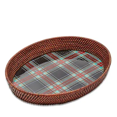 Mackenzie-childs Tartan Large Black Rattan Serving Tray In Multi