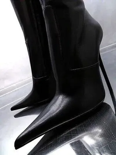 Pre-owned Made In Italy 1969  Nappa Leather High Heels Iconic Pointy Boots Black 36 In Schwarz