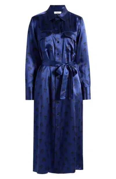 Madewell Carmy Floral Print Long Sleeve Silk Charmeuse Shirtdress In Deep Cobalt