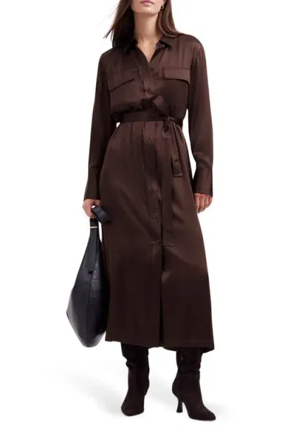 Madewell Silk Belted Midi Shirtdress In Dark Carob