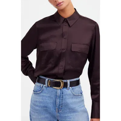 Madewell Silk Flap Pocket Button-up Shirt In Dark Carob