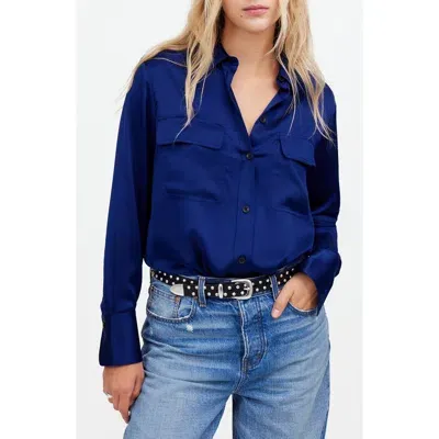 Madewell Silk Flap Pocket Button-up Shirt In Deep Cobalt