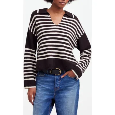 Madewell Stripe Cashmere & Wool Polo Sweater In Espresso Brown