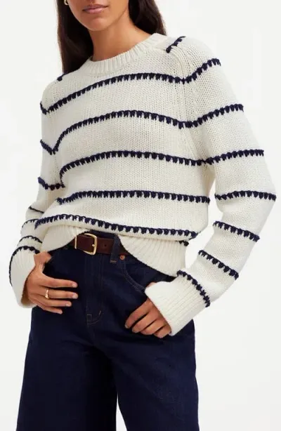 Madewell Stripe Textured Cotton Sweater In Bright Ivory