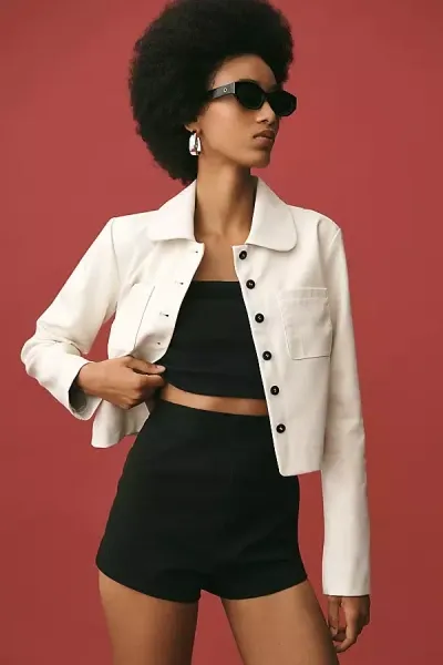 Maeve Faux Leather Collared Crop Jacket In White