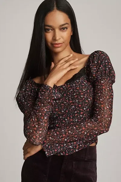 Maeve Mutton-sleeve Scoop-neck Ditsy Floral Top In Black