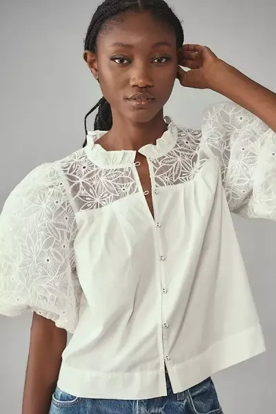 Maeve Puff-sleeve Embellished Button-front Blouse In White