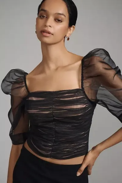 Maeve Puff-sleeve Embellished Tulle Top In Black