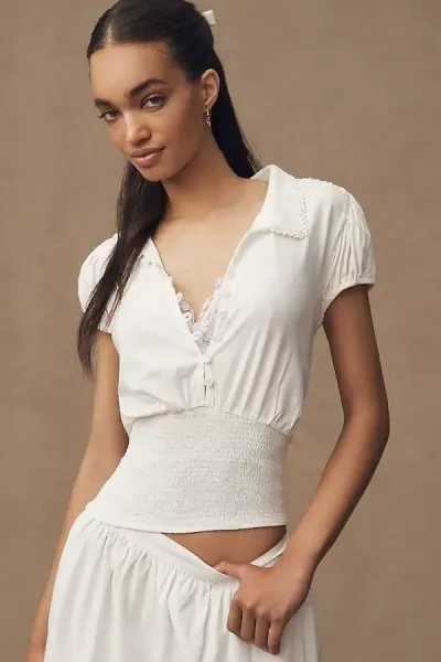 Maeve Short-sleeve Collared Smocked-waist Blouse In White